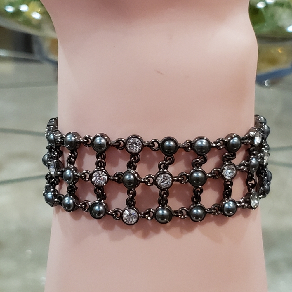 Gunmetal Pearl & Crystal Grid Bracelet